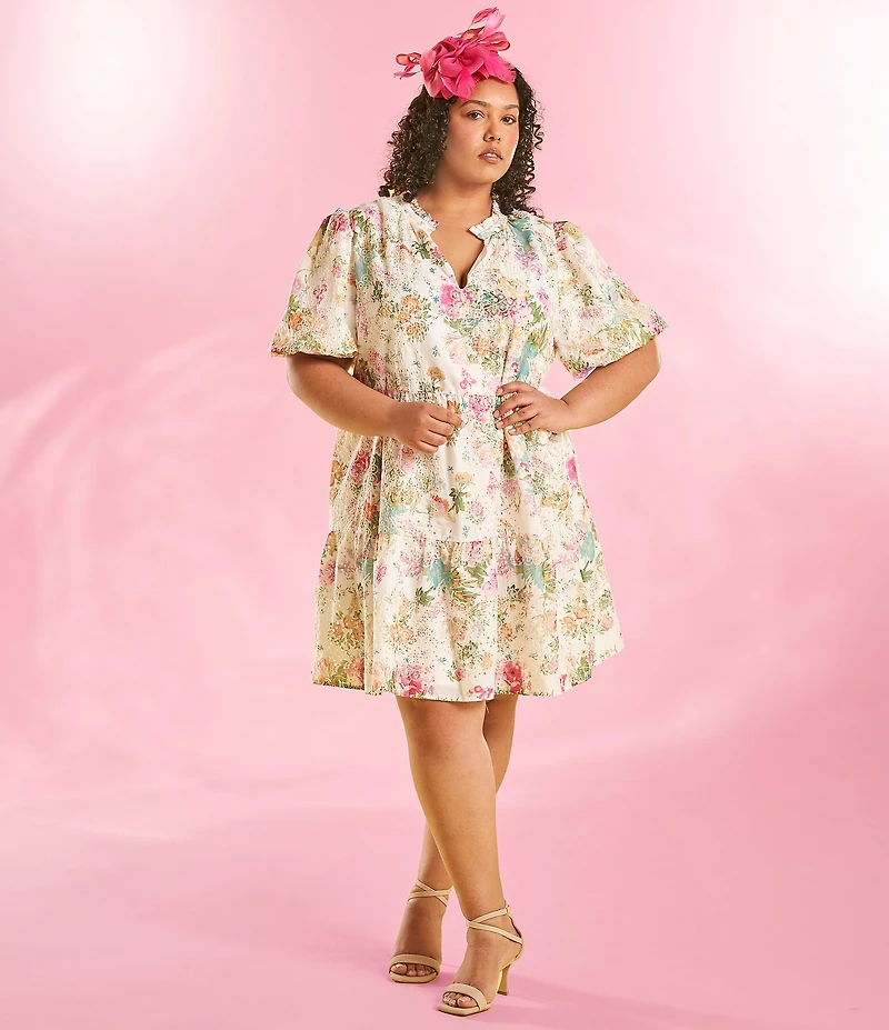 Sugarlips Plus Summerset Floral Jacy Short Sleeve Eyelet Lace Babydoll Mini Dress