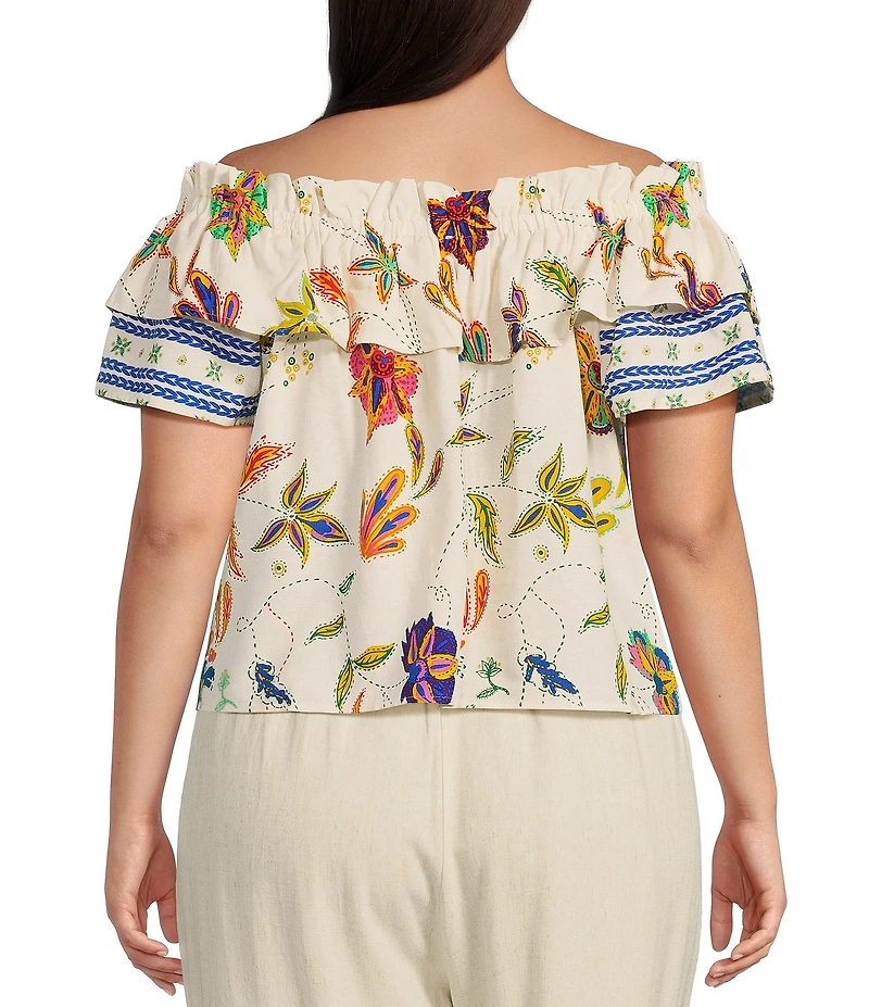 Sugarlips Plus Tropical Floral/Paisley Printed Off-The-Shoulder Short Sleeve Top