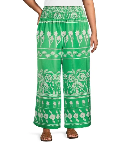 Sugarlips Plus Tropical Printed Smocked Waist Wide Leg Satin Coordinating Pants