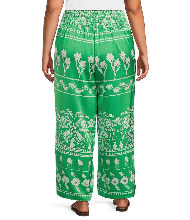 Sugarlips Plus Tropical Printed Smocked Waist Wide Leg Satin Coordinating Pants