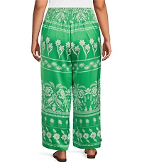 Sugarlips Plus Tropical Printed Smocked Waist Wide Leg Satin Coordinating Pants