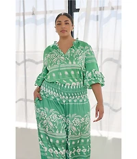 Sugarlips Plus Tropical Printed Smocked Waist Wide Leg Satin Coordinating Pants