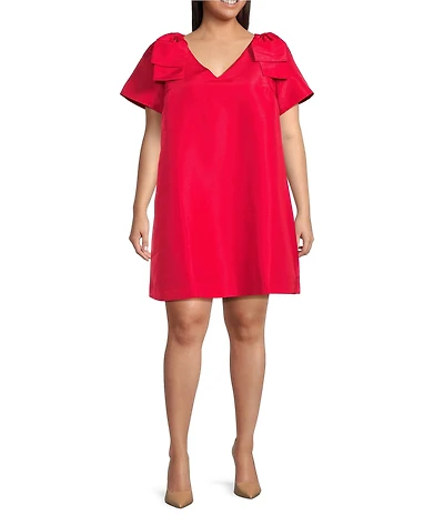 Sugarlips Plus V-Neck Short Sleeve Alani Bow Trapeze Mini Dress