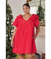 Sugarlips Plus V-Neck Short Sleeve Alani Bow Trapeze Mini Dress