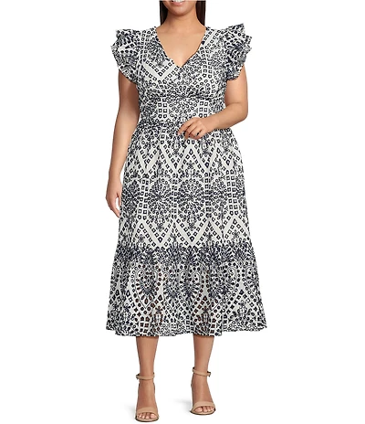 Sugarlips Plus Zayla Floral/Geometric Eyelet-Embroidered Poplin Midi Dress