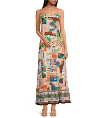 Sugarlips Postcard Print Square Neck Sleeveless Maxi Dress