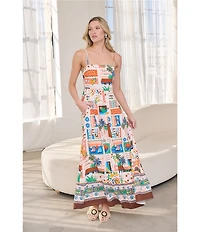 Sugarlips Postcard Print Square Neck Sleeveless Maxi Dress