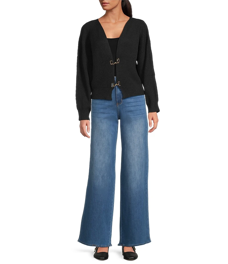 Sugarlips Ribbed Knit V-Neck Long Sleeve Front Hook Cardigan