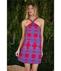 Sugarlips Rory Abstract Amory Printed Halter Neck Sleeveless Linen Shift Mini Dress