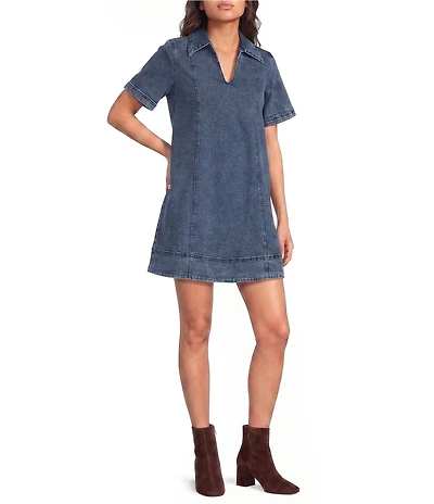 Sugarlips Rosalind Denim Collared V-Neck Short Sleeve Shift Mini Dress