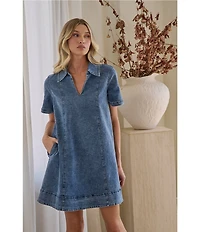 Sugarlips Rosalind Denim Collared V-Neck Short Sleeve Shift Mini Dress