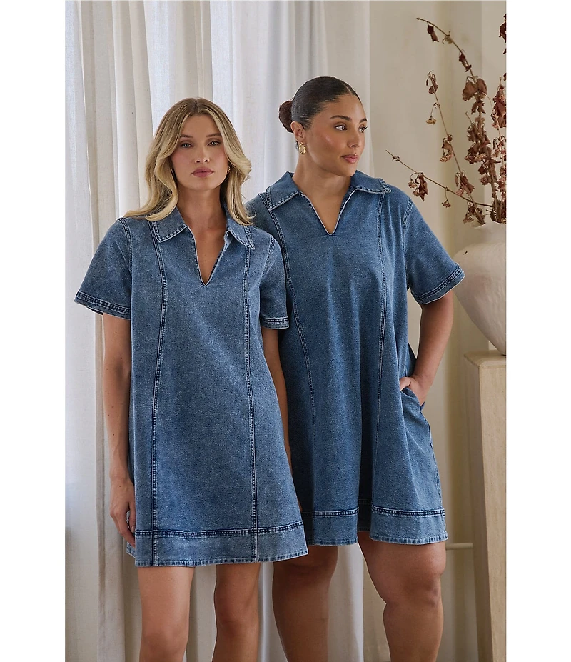Sugarlips Rosalind Denim Collared V-Neck Short Sleeve Shift Mini Dress