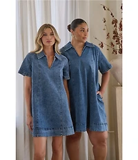Sugarlips Rosalind Denim Collared V-Neck Short Sleeve Shift Mini Dress