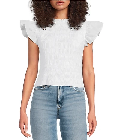 Sugarlips Ruffle Mock Neck Sleeveless Smocked Top