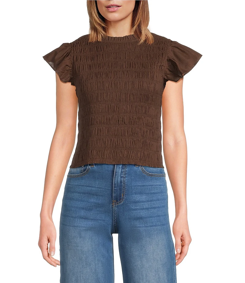 Sugarlips Ruffle Mock Neck Sleeveless Smocked Top