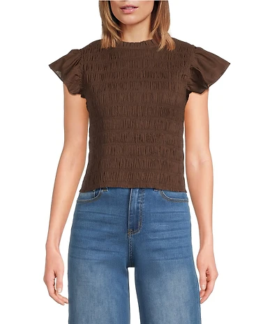 Sugarlips Ruffle Mock Neck Sleeveless Smocked Top