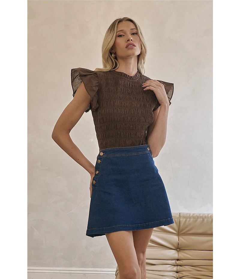 Sugarlips Ruffle Mock Neck Sleeveless Smocked Top