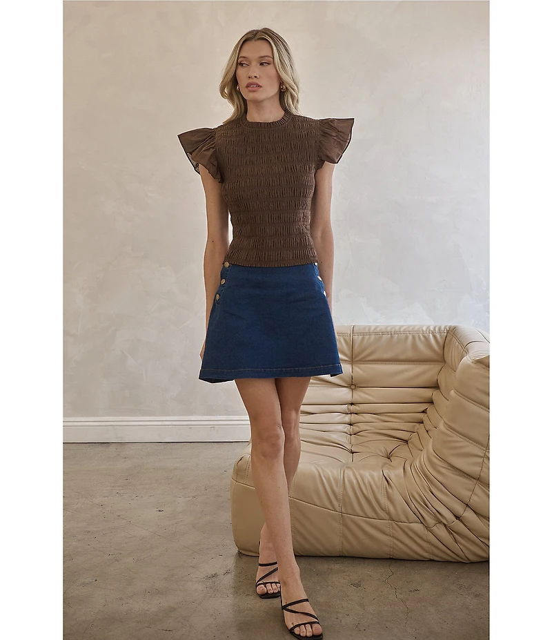 Sugarlips Ruffle Mock Neck Sleeveless Smocked Top