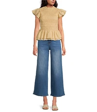 Sugarlips Ruffle Mock Neckline Short Sleeve Smocked Peplum Top