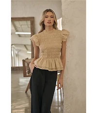 Sugarlips Ruffle Mock Neckline Short Sleeve Smocked Peplum Top