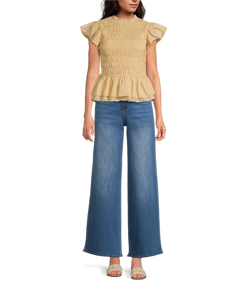 Sugarlips Ruffle Mock Neckline Short Sleeve Smocked Peplum Top