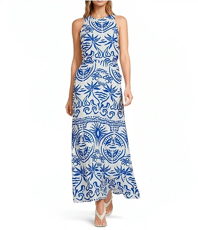 Sugarlips Santorini Printed Crew Neck Sleeveless Open Back Linen Maxi Dress