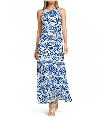 Sugarlips Santorini Printed Crew Neck Sleeveless Open Back Linen Maxi Dress
