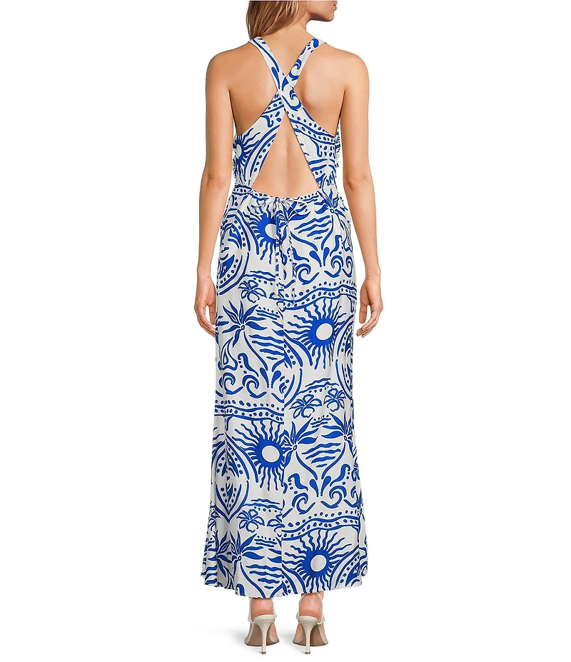 Sugarlips Santorini Printed Crew Neck Sleeveless Open Back Linen Maxi Dress