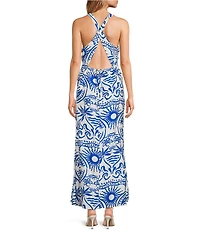 Sugarlips Santorini Printed Crew Neck Sleeveless Open Back Linen Maxi Dress