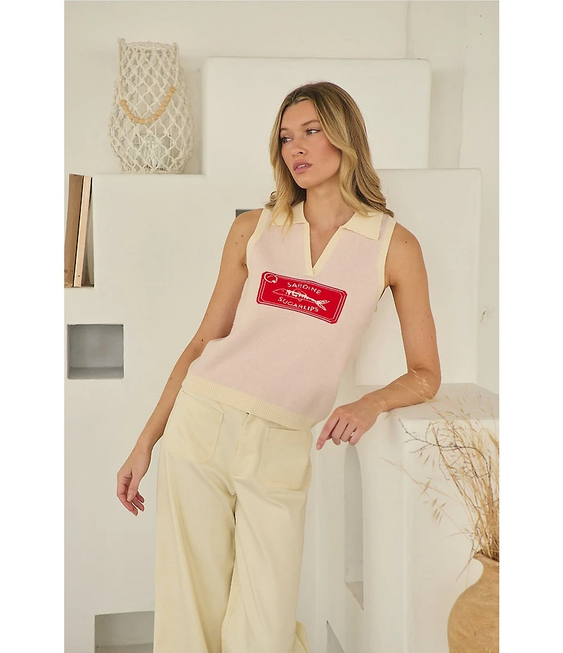 Sugarlips Sardine Graphic Collared V-Neck Sleeveless Polo Sweater Vest