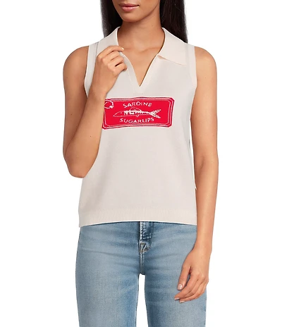 Sugarlips Sardine Graphic Collared V-Neck Sleeveless Polo Sweater Vest