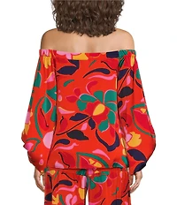 Sugarlips Satin Tropical Abstract Print Off The Shoulder Neck Long Sleeve Coordinating Top
