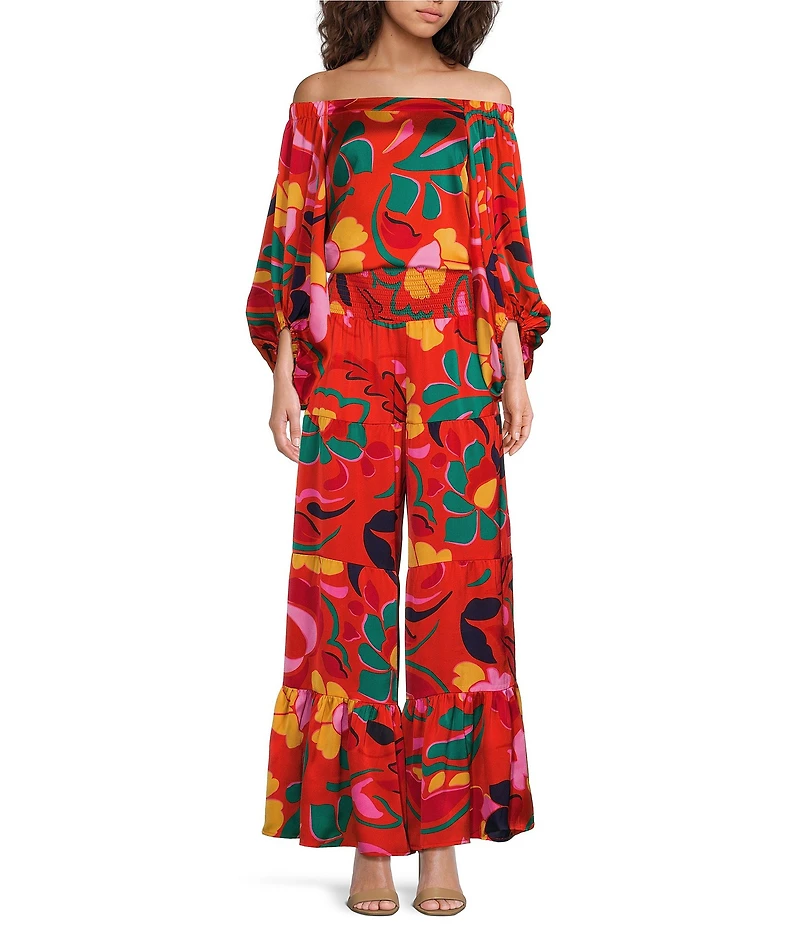 Sugarlips Satin Tropical Abstract Print Off The Shoulder Neck Long Sleeve Coordinating Top