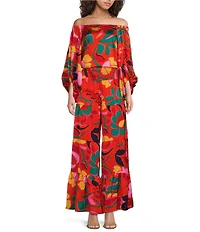 Sugarlips Satin Tropical Abstract Print Smocked High Waisted Wide Leg Coordinating Pull-On Pants