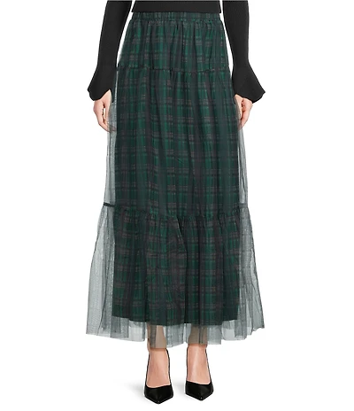 Sugarlips Sheer Plaid Tiered Elastic Waist Pull-On Maxi Skirt