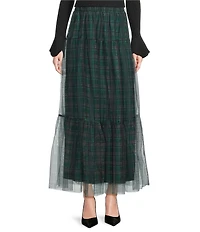 Sugarlips Sheer Plaid Tiered Elastic Waist Pull-On Maxi Skirt