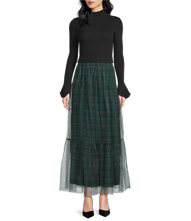 Sugarlips Sheer Plaid Tiered Elastic Waist Pull-On Maxi Skirt