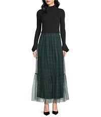 Sugarlips Sheer Plaid Tiered Elastic Waist Pull-On Maxi Skirt