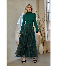 Sugarlips Sheer Plaid Tiered Elastic Waist Pull-On Maxi Skirt