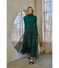Sugarlips Sheer Plaid Tiered Elastic Waist Pull-On Maxi Skirt