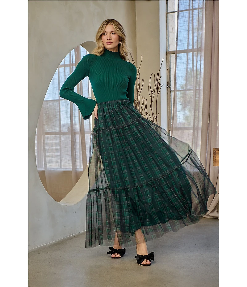 Sugarlips Sheer Plaid Tiered Elastic Waist Pull-On Maxi Skirt
