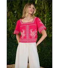 Sugarlips Silvia Embroidered Square Neck Short Sleeve Top