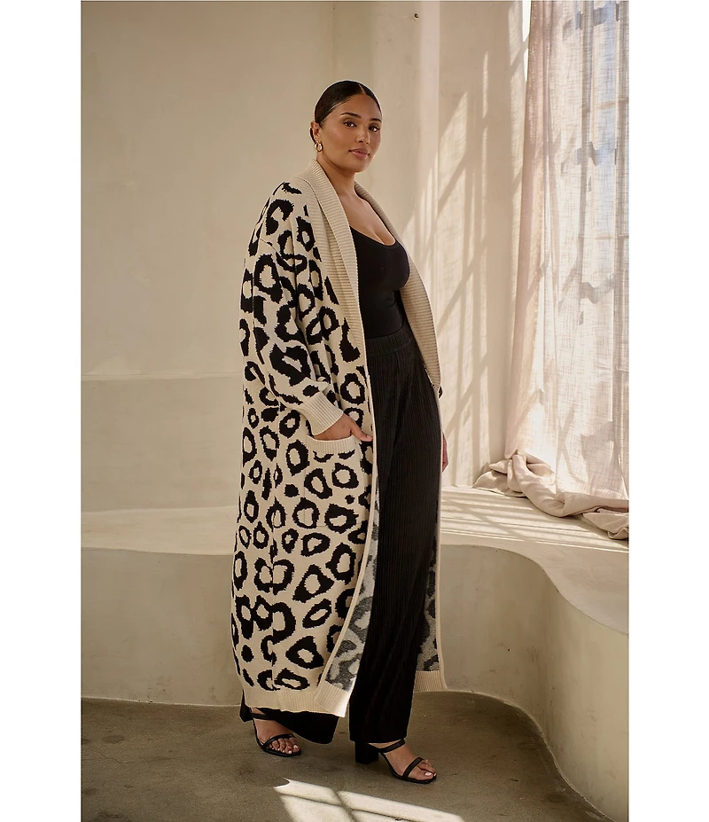 Sugarlips Plus Size Smitten Leopard Print Knit Shawl Collar Neck Long Sleeve Duster Cardigan
