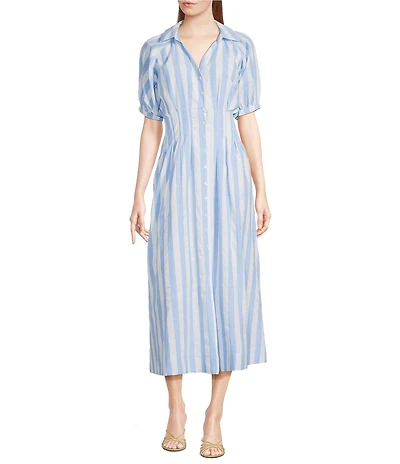 Sugarlips Stripe Printed Collared V-Neck Short Sleeve Button Down Midi Dress