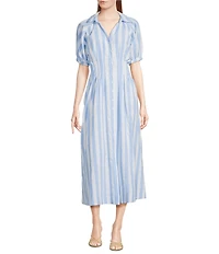 Sugarlips Stripe Printed Collared V-Neck Short Sleeve Button Down Midi Dress