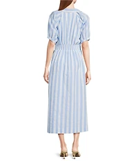 Sugarlips Stripe Printed Collared V-Neck Short Sleeve Button Down Midi Dress