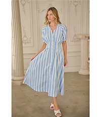 Sugarlips Stripe Printed Collared V-Neck Short Sleeve Button Down Midi Dress