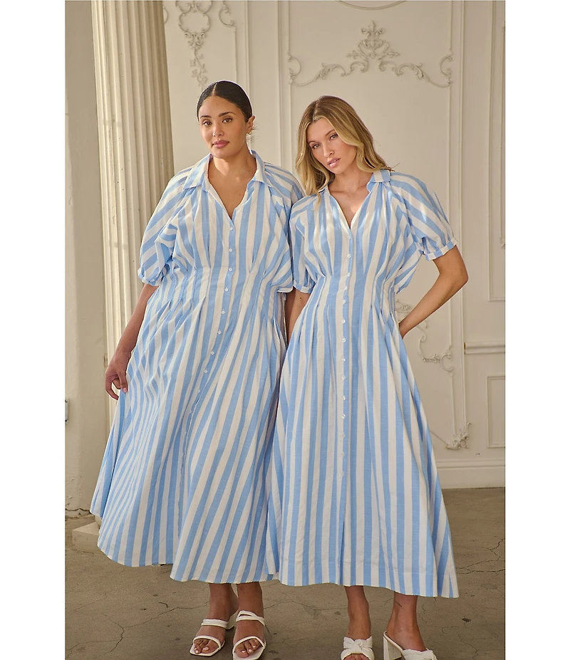 Sugarlips Stripe Printed Collared V-Neck Short Sleeve Button Down Midi Dress