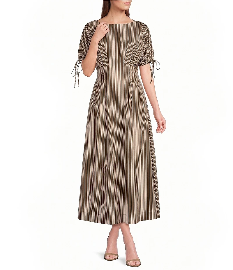 Sugarlips Striped Fessia Boat Neck Short Sleeve Pleated Waist Midi Dress