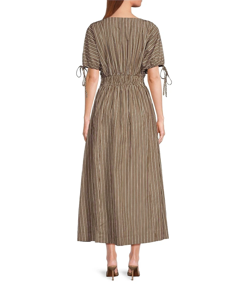 Sugarlips Striped Fessia Boat Neck Short Sleeve Pleated Waist Midi Dress